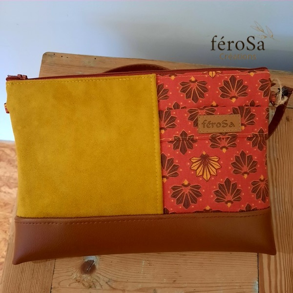 Pochette Amelie marron et jaune moutarde - Frais de port inclus
