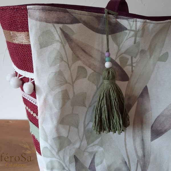 Sac cabas feuilles en toile de jute prune – Image 3