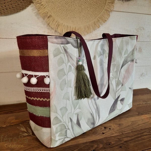 Sac cabas feuilles en toile de jute prune – Image 2