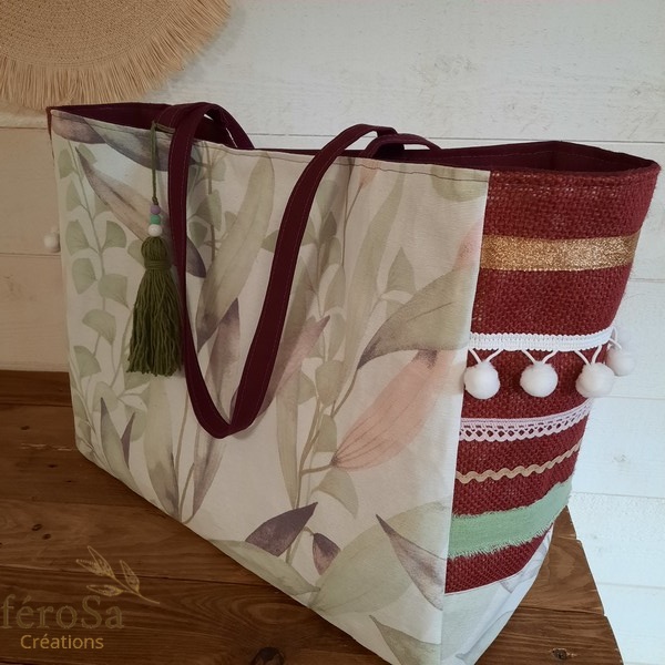 Sac cabas feuilles en toile de jute prune