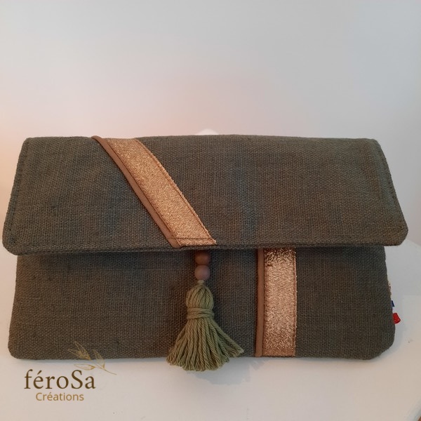 Pochette bohème en lin vert kaki - Frais de port inclus
