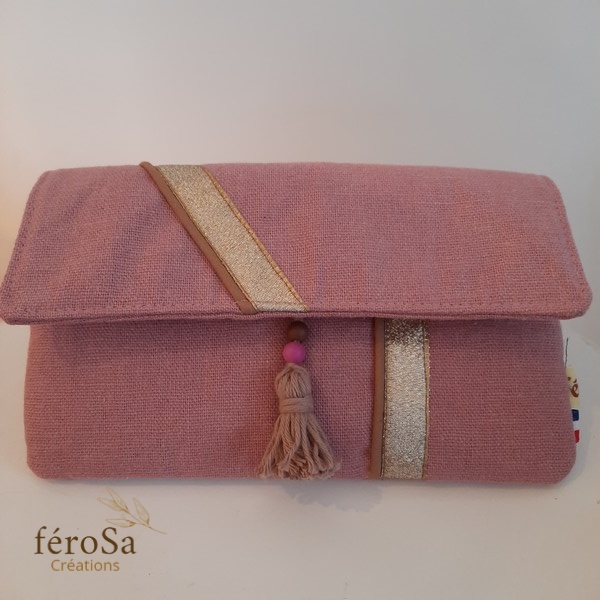 Pochette bohème en lin rose - Frais de port inclus
