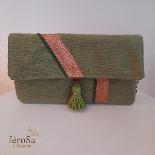 Pochette bohème en lin vert - Frais de port inclus