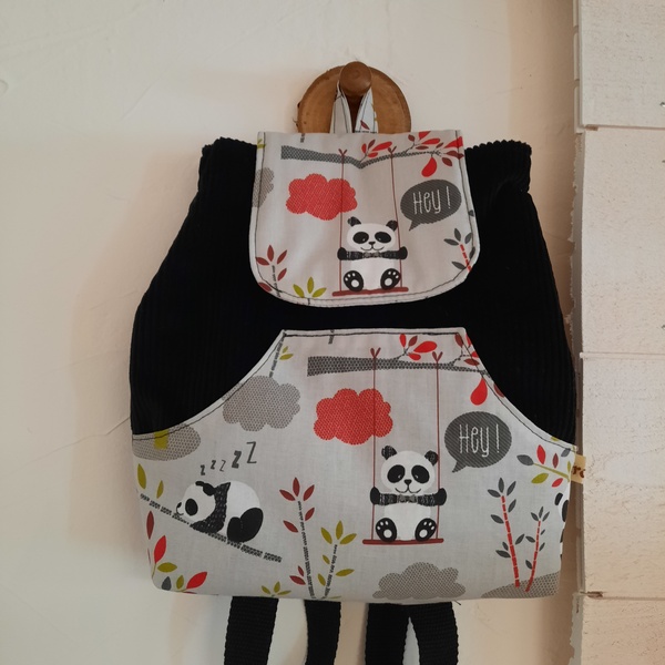 Sac à dos enfant en velours noir - Panda sur sa branche