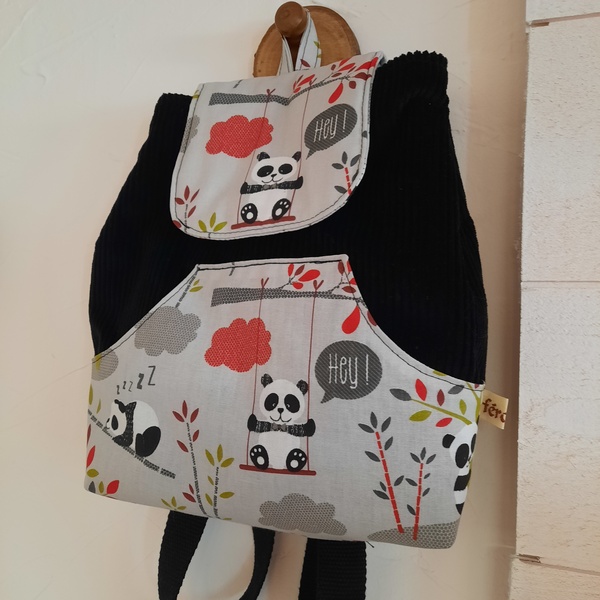 Sac à dos enfant en velours noir - Panda sur sa branche – Image 2